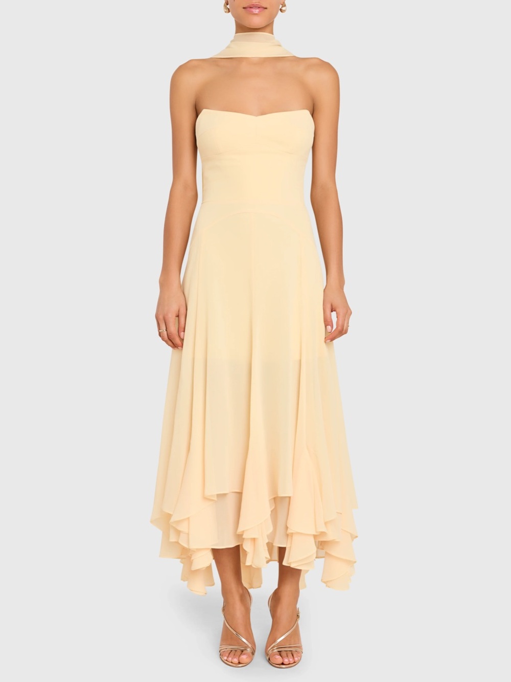 NWT Monterey Amanda Uprichard
Strapless Chiffon Midi Dress in
Yellow
